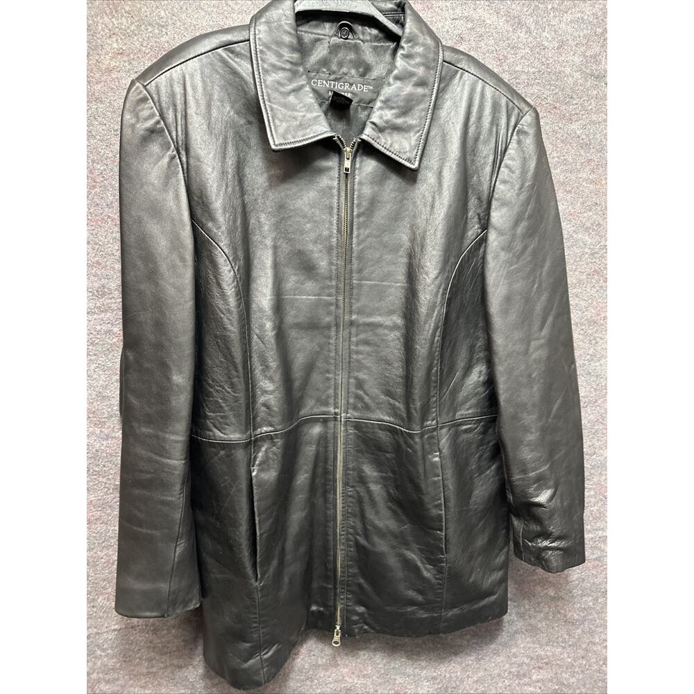 Centigrade Black Leather Jacket Trench Coat Zip Moto Biker Midi Size L Women’s